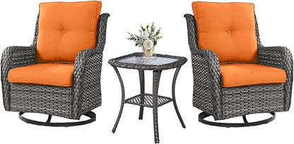Belord Outdoor Swivel Rocker Wicker Chairs Set of 3, High Back Swivel Patio Chairs Wicker Furniture Set, 2 PCS Rattan Swivel Rocking Chair with Side Table, Orange Cushion