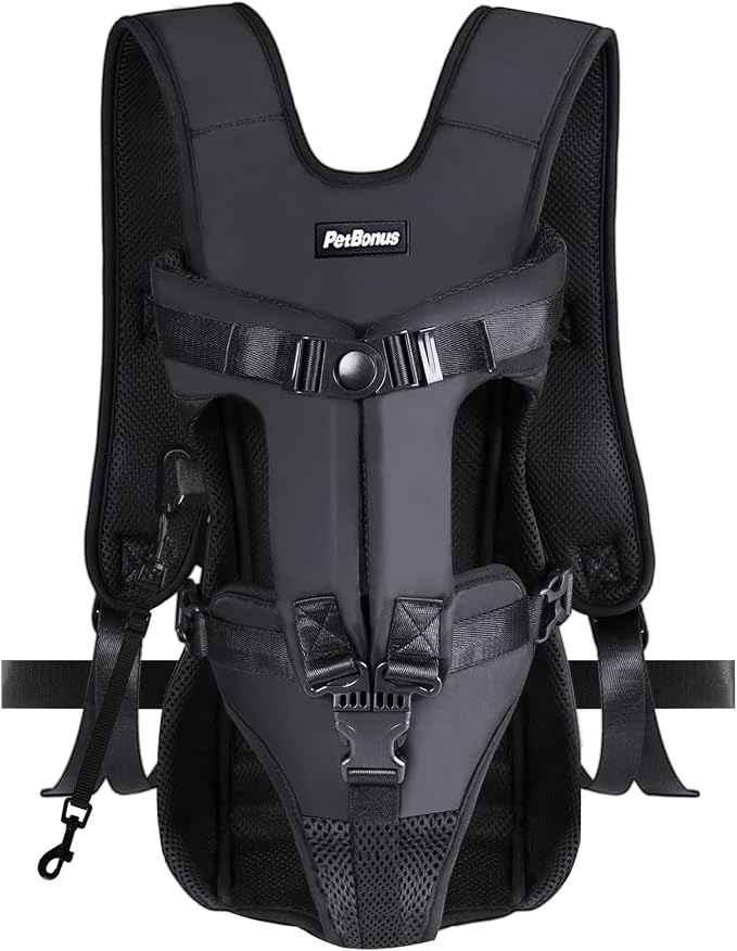 PetBonus Dog Front Carrier Backpacks, Legs Out Easy-fit Puppy Chest Carrier | Hands Free, Adjustable, Safety Strap, Walking Hiking Cycling Motorcycle bag, For Small Medium Dogs (Black, L)