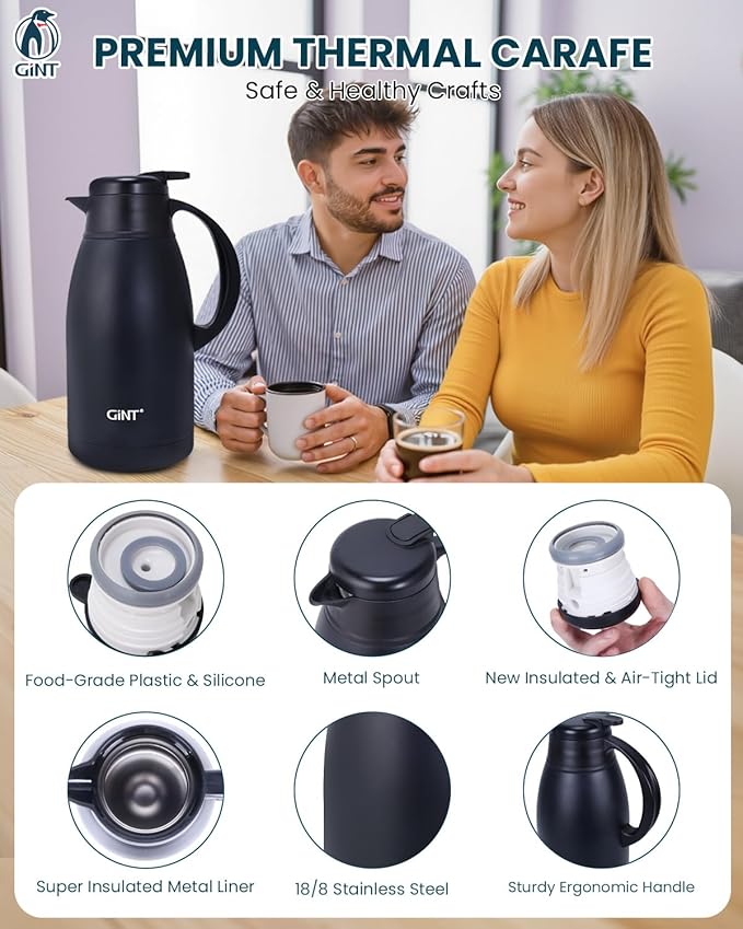 GiNT Stainless Steel Thermal Coffee Carafe, Double Walled Vacuum Water and