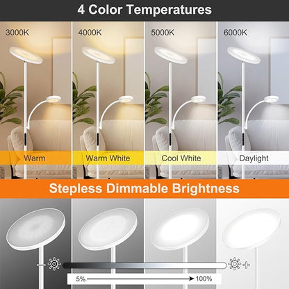 OUTON LED Floor Lamp, 27W/2400LM Modern Torchiere & 7W/ 400LM Reading Lamp, Bright Dimmable Standing Tall Lamp with 4 Color Temperature, Remote Touch Control for Living Room Bedroom Office, White