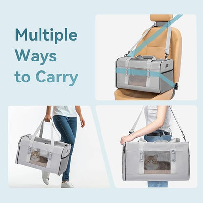 Petsfit Travel Pet Carrier for Large Cats (up to 20 lbs), Soft-Sided Dog Car Travel Carrier with Patented Buckle and Soft Padding, Ideal for Car Road Trips,19X12X12 Inch,Grey