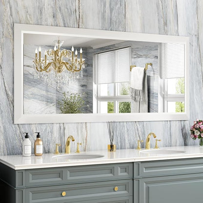 Amorho Bathroom Mirror, 60X28 Inch White Thick Metal Framed Wall Mirrors
