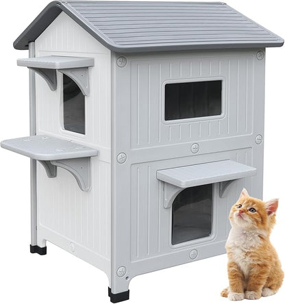Plastic Outdoor Cat House with Escape Door, Waterproof 2 Story Outdoor Houses for Feral Cats Outside Cat Shelter, Spacious, Clean and Assemble Easily