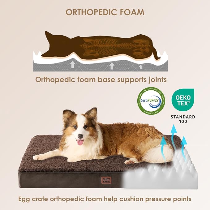 EHEYCIGA Orthopedic Dog Bed Large with Removable Washable Cover, 35IN Brown | Egg Crate Foam Support, Durable Oxford fabric, Non-Slip Bottom, Machine Washable, Soft Waterproof Plush Pet Bed Mat For Crate