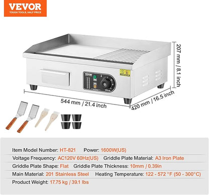 VEVOR Commercial Electric Griddle, 1600W Countertop Half-Flat Top Grill