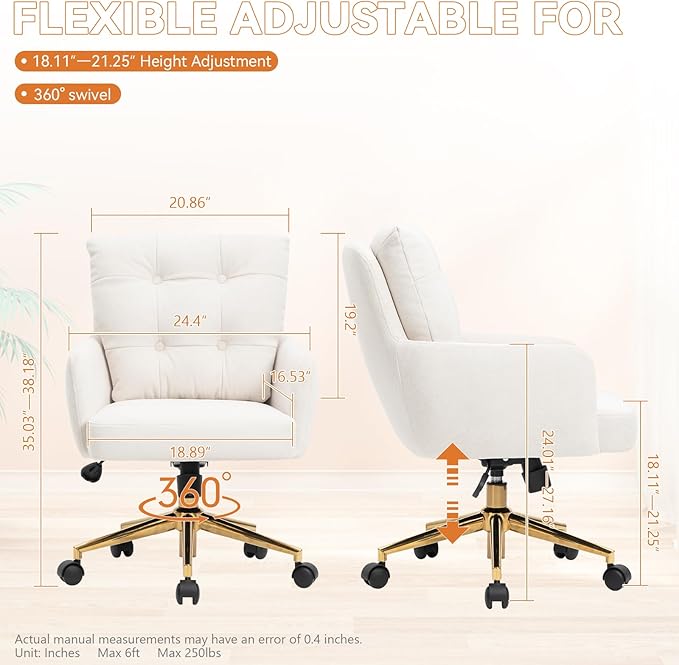 BALIAA Flannel Office Chair Vanity Chair Comfy Home Office Desk Chairs with Lumbar Support, Modern Plush Fabric Desk Gold Legs Swivel Task for Home Office Bedroom Study White Upgraded Version