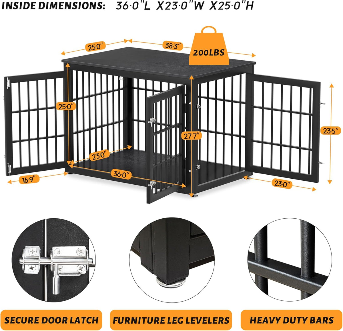 38 Inch Heavy Duty Dog Crate Furniture for Large and Medium Dogs, Decorative Pet House End Table, Wooden Cage Kennel Furniture Indoor, Black