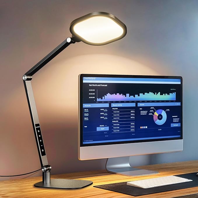 LED Desk Lamp for Home Office, 15W Computer Zoom Lighting with Swing Arm, Memory & Timer Function, Dimmable Desktop Ring Light for Video Calls, Conference, Reading, Streaming, Podcasting
