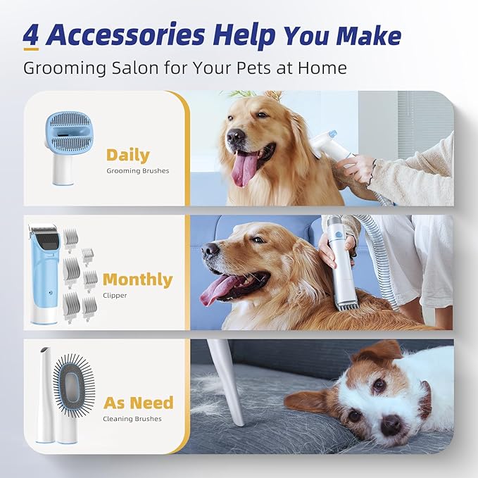 Dog Grooming Kit with Vacuum, All-in-One Pet Grooming Vacuum for Dogs and Cats, Low Noise Pet Hair Clipper & Shedding Brush, Dog Hair Remover, Cat Pet Groomer Set with Cleaning Brushes, Blue