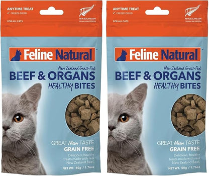 Feline Natural Freeze Dried Cat Treats – New Zealand Single-Source Protein Treats for Cats - Grain-Free Healthy Cat Snacks, Beef Bites, 1.76oz (Pack of 2)