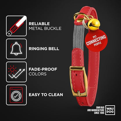 WAUDOG Ultra Soft Rolled Leather Cat Collar with Removable Bell, Safety Elastic Strap and QR ID Tag - Soft Padded for Small, Medium, and Large Cats - Round Kitten Collar for Male and Female Cats