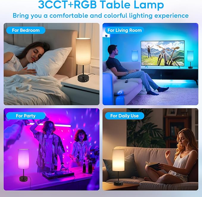 Unicozin 17Inch Table Lamp, 3 CCT 3000K/4500K/6500K & RGB Color Changing, Stepless Dimmable Bedside Lamp for Reading, Ambience Nightstand Light for Home Decor Party, White Shade