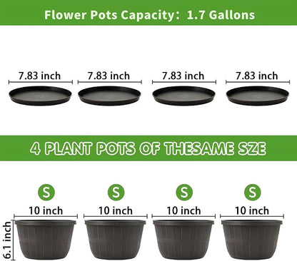 Quarut 10 inch Plastic Flower Pots for Outdoor Plants，4 Pack Large Outdoor Planter Pot with Drainage Holes & Saucers，Imitation Wine Barrel Design，for Indoor Outdoor Garden Plants（Brown）