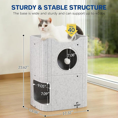 Cat House for Indoor Cats Large Cat Bed Cave 2-Storey Cats Condo with Cozy Felt Covered Hideaway for Multiple Pets Light Gray