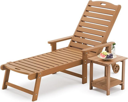 LUE BONA Chaise Lounge Chair with Table, 2-Piece, HDPS Chaise Lounger, 5 Positions Adjustable Lounge Chairs, Pool Lounge Chair with Wheels for Poolside, Backyard, Teak Color