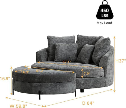 Chifee & Vingol 59.8" W Oversized Accent Barrel Chair Round Chair with Ottoman & Movable Wheels,Charcoal