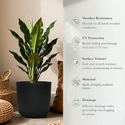 11 Inch Plant Pot, Modern Black Plastic Planter with Drainage Hole & Plug, Lightweight Weather Resistant Cylinder Flower Pot for Indoor Outdoor Use, Matte Black, 11" H x 11.6" Dia