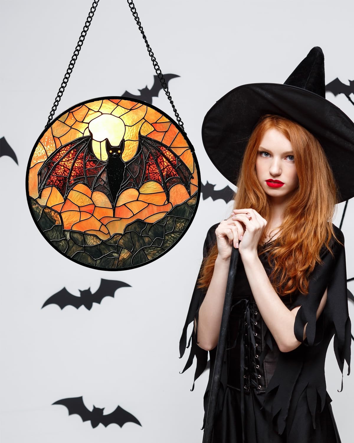 Stained Glass Window Hanging, Black Bat Sun Catcher for Door Home Decor Animal Suncatcher Christmas Mother's Day Birthday Gifts for Women Men Mom and Nana 9.8 in