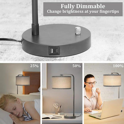 Gray Bedside Lamp with USB C+A Charging Ports, Fully Dimmable Modern Nightstand Lamp with Grey Fabric Shade, Tall Reading Lamp Desk Lamp for Bedroom Living Room Office with 3000K LED Bulb