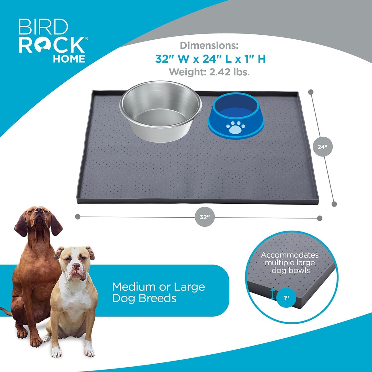 BIRDROCK HOME Extra-Large Dog Mat for Food and Water Bowls - Waterproof Pet Feeding Mat to Prevent Spills - Anti-Slip Rubber Tray for Messy Eaters - Placemat Protector for Floors - 32in x 24in - Grey