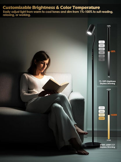 Dual-Side Floor Lamp for Living Room, 17W Tall Standing LED Lamp with Remote, 5 Color Temps & RGB Ambient Modes, Dimmable Reading Lamp with Gooseneck, Modern Black Corner Lamp for Bedroom Home Office