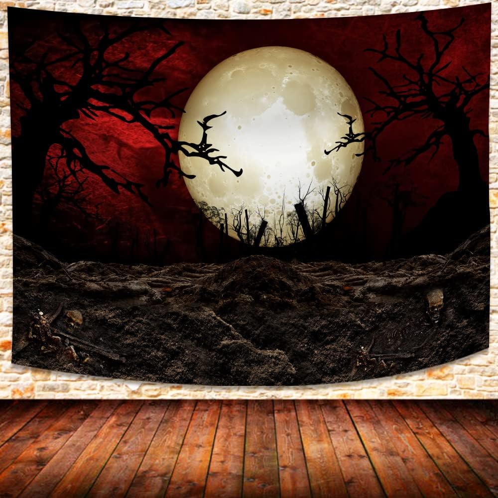 SHRAPHY Moon Tapestry 93x71 Inches Scary Halloween Cemetery Tapestry Night Sky Misty Forest Wall Hanging Tapestry for Bedroom GTLSUH1208