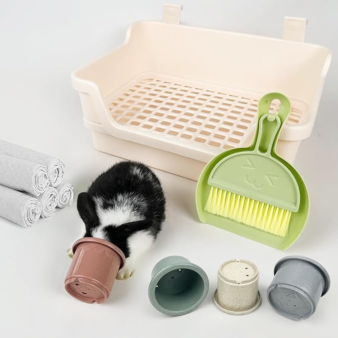 Large Rabbit Litter Box w/Plastic Grid & Dump Tray-Bunny Litter Pan Small Animal Potty Toilet - Pet Bunny Supplies Rabbit Cage Accessories for Training Corner Litter Box (Cream)