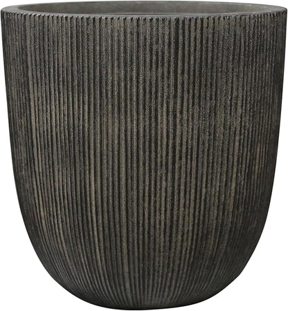 Vintage Black Faux Cement Ribbed Planter, 14.8"H Tall Tapered Egg-Shaped Plastic Plant Pot with Drainage Hole & Plug, Large Modern Indoor Outdoor Flower Pot for Home, Garden, Patio and Houseplants