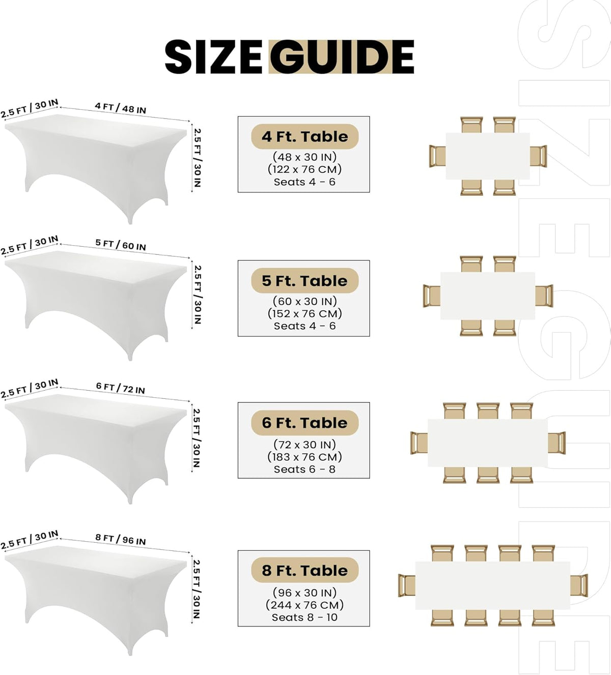 Utopia Kitchen 6FT Spandex Tablecloth [1 Pack, White] 200 GSM Stretch, Fitted, Washable and Wrinkle Resistant Table Cloth Rectangle Cover for Trade Shows, Wedding, Parties [72Lx30Wx30H Inch]