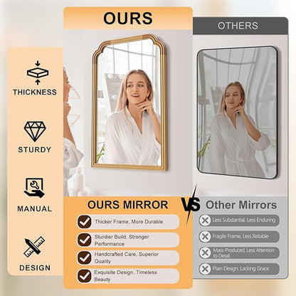 Wood Frame Wall Mirror for Bathroom, Rounded Corner Arch Rectangle Mirror for