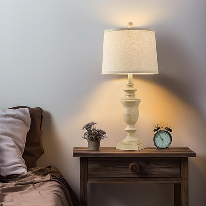 27.5" Vintage Farmhouse Table Lamps Set of 2 Bedside Lamp, 3 Way Dimmable Bedroom Lamps with 2 USB Ports +AC Outlet Nightstand Lamp Rustic Lamp (Rotary-Antique Beige)