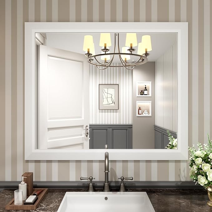 Amorho Bathroom Mirror, 40x36 Inch White Thick Metal Framed Wall Mirrors