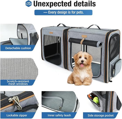 Lekereise Extra Large Cat Carrier for 2 Cats, 2-in-1 Cat Travel Carrier with Litter Box, (20.85" x2) x19.7"x19.7" Pet Carrier with Zipper Locks for Moving Across The Country (No Hammock) - Grey