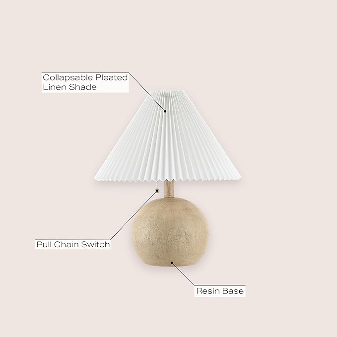 JONATHAN Y JYL1145B Aksel 17.25" Coastal Scandinavian Resin/Iron Sphere LED Table Lamp with Pleated Shade and Pull Chain, Beige Wood Finish/White, for Entry Console, Bedroom, Living Room
