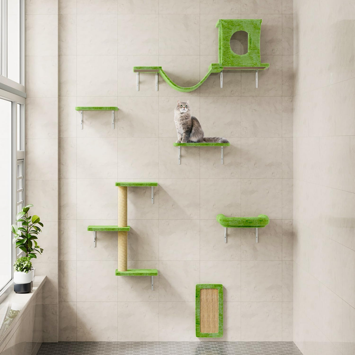 NUNU LAB Cat Wall Shelves, 6 Pcs Luxury Wall-Mounted Cat Climber Set, Indoor Cat Furniture with 1 Condos House, 2 Cat Wall Shelves, 1 Scratching, 1 Bridge Ladder, 1 Scratching Pad, Green