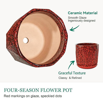 7.8 Inch Ceramic Plant Pot with Drainage Hole Mesh Net, Large Flower Pots for Indoor Plants with Saucer, Gardening Pots Outdoor (Red)