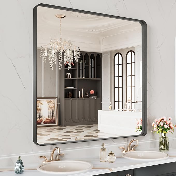 LOAAO 28X32 Inch Black Metal Framed Bathroom Mirror