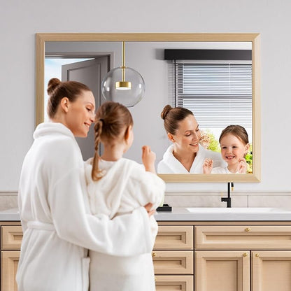 Amorho Bathroom Mirror, 60 X40 Inch Wall Mirror, Oak Wood Grain Metal Framed