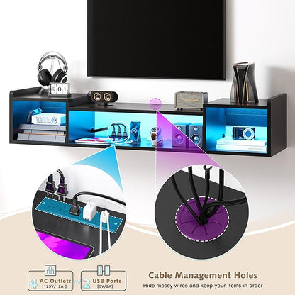 55.1"W Floating TV Stand with LED Lights & Power Outlets