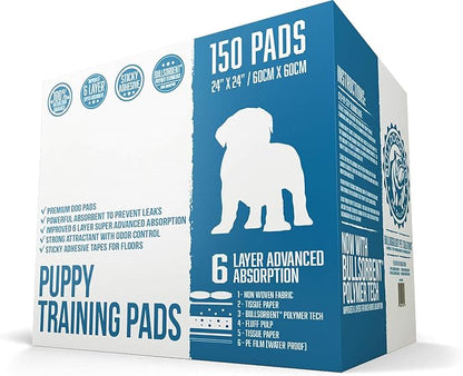 Puppy Pee Pads with Adhesive Sticky Tape (24x24) Large Premium Dog Pads - 6 Layer Dog Training Pads and Pet Wee Pads with Quick-Dry Bullsorbent Tech (150-Count, White)