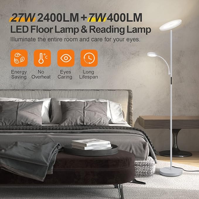OUTON LED Floor Lamp, 27W/2400LM Torchiere Lamp & 7W/ 400LM Reading Lamp, Bright Dimmable Standing Tall Lamp with 4 Color Temperature, Remote Touch Control for Living Room Bedroom Office, Silver Grey
