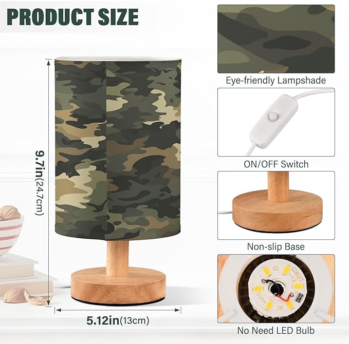 Green Vintage Camouflage LED Table Lamp for Bedroom Bedside Lamp with USB Charging Ports Decor Nightstand for Living Room Reading Dorm Desk Home Office