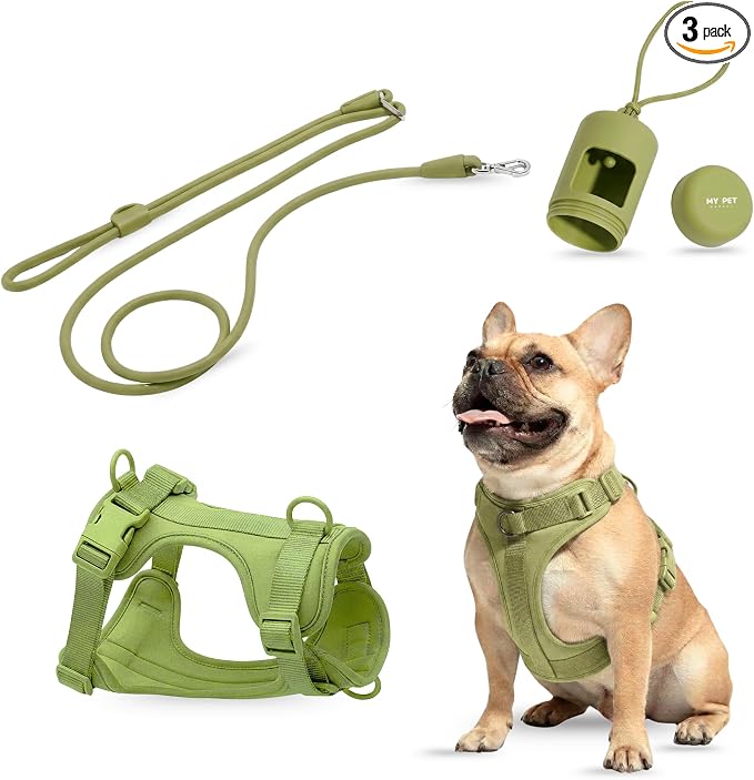No Pull Dog Harness and Leash Set 3-in-1 Adjustable Anti Pull Dog Harness with Hands-Free Matching Leash,Poop Bag Holder,Easy Walk Dog Harness Small Sized Dog(Olive Green)