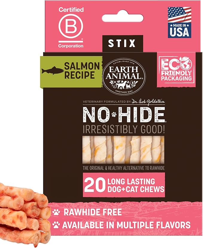 Earth Animal No Hide Stix - Long Lasting Rawhide Free Small Dog Chews Sticks, Salmon - 20 Count Value Pack