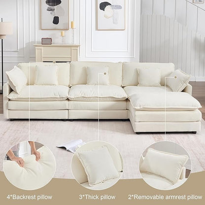 KIVENJAJA 111.5”W Chenille L-Shaped Modular Sectional Sofa, Modern 3-Seater Comfy Deep Seat Cloud Couch with Ottoman/Chaise & 5 Pillows for Living Room Office Apartment, Beige