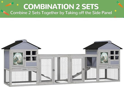 96.2" L Rabbit Hutch Indoor Outdoor Large Wooden Bunny Cage with Run, Removale Tray, Top-Opening Roof, 2 Doors, Painting Decor, 2 Packs