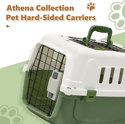 Athena Collection 18" Hard-Sided Travel Pet Carrier for Small Dogs and Cats | Plastic Dog Carriers with 2-Door Top & Front Load, Ventilation, Security Lock, Cat Dog Carrier for Pet, up to 10lbs, Green