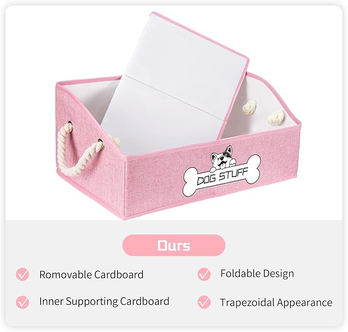 Collapsible Fabric Dog Toy Box and Storage Bin With Handle - Trapezoid Basket Chest Organizer for Pet Toys, Blankets and Accessories, Pink