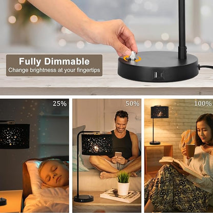 Bedside Table Lamp with USB C+A Ports, Fully Dimmable Modern Nightstand Side Lamps with Stars Shade, Tall Desk Reading Lamps for Living Room Bedroom 3000k LED Bulb Included