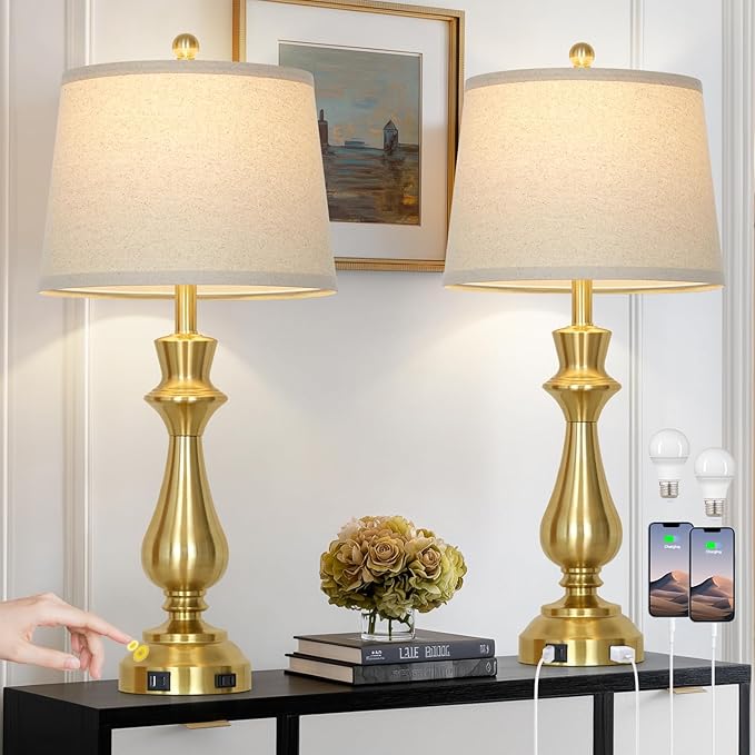 Modern Gold Table Lamps Set of 2 for Living Room,30" Tall Bedside Lamp with USB Charging Port,3-Way Dimmable Touch Nightstand Lamp for Bedroom Desk Side Table Office,Gold